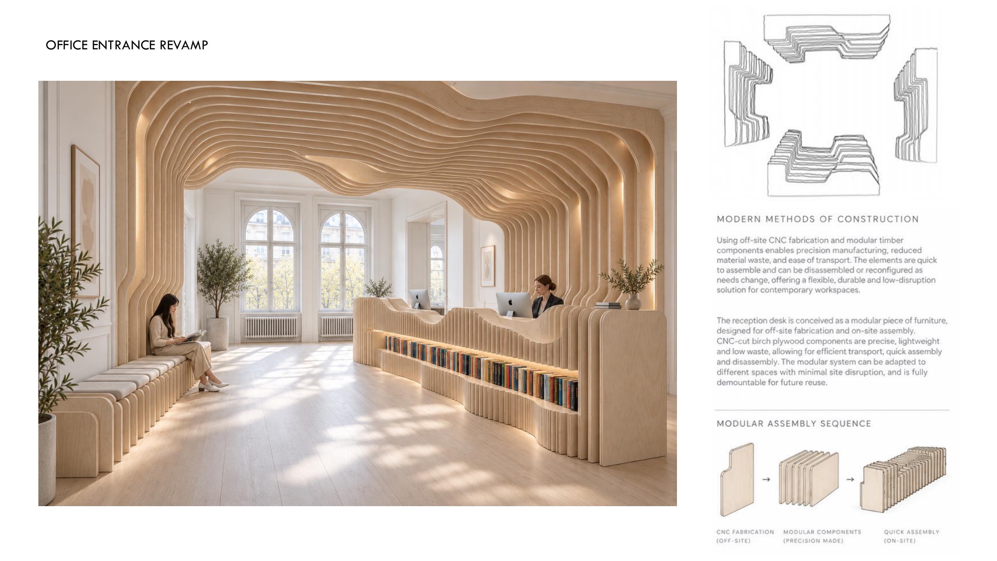 Office entrance revamp concept: modular CNC-cut timber reception desk and ceiling feature, with modern methods of construction diagram