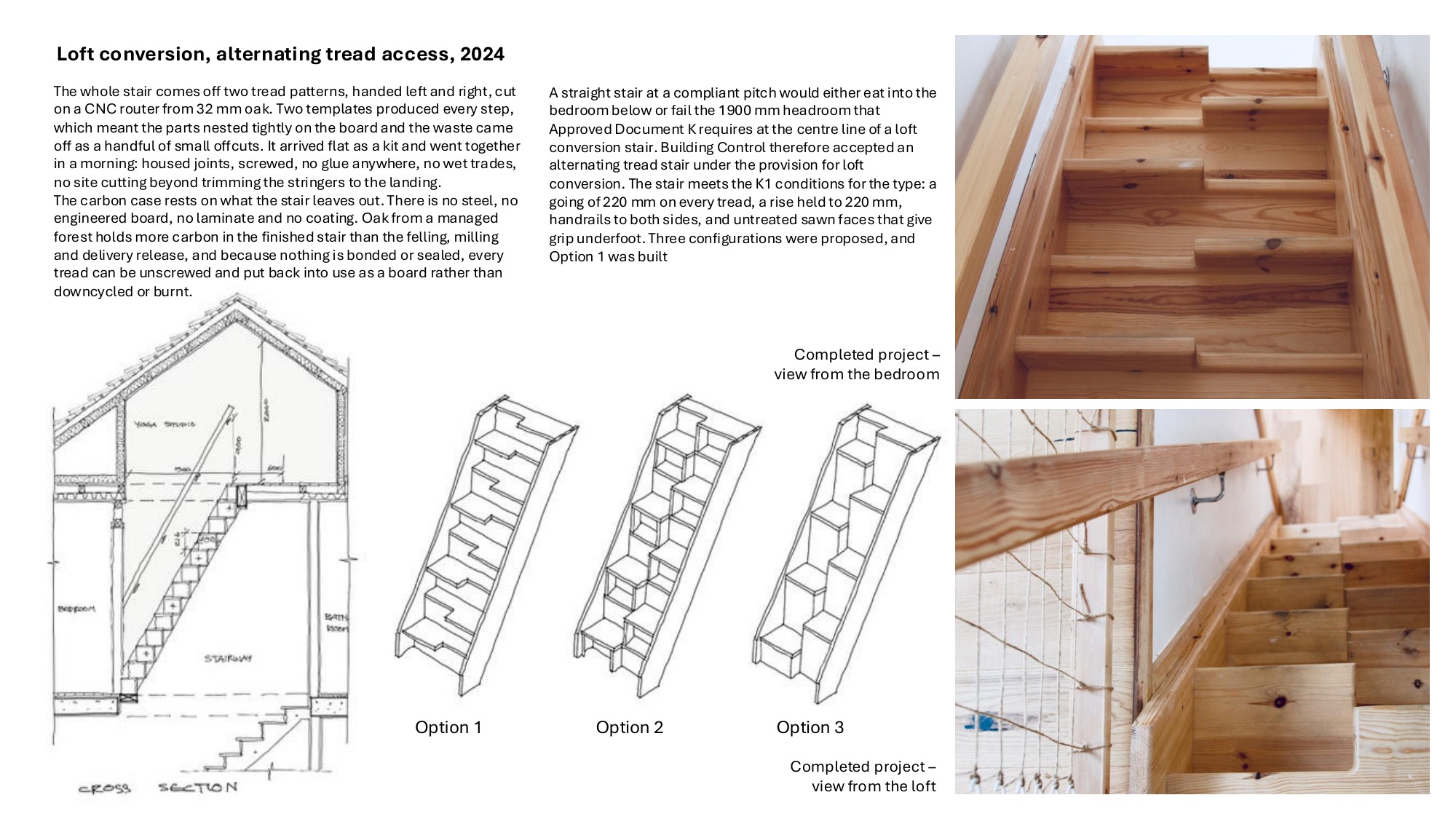 Loft conversion alternating tread access stair, design sheet with cross-section, options and completed photographs