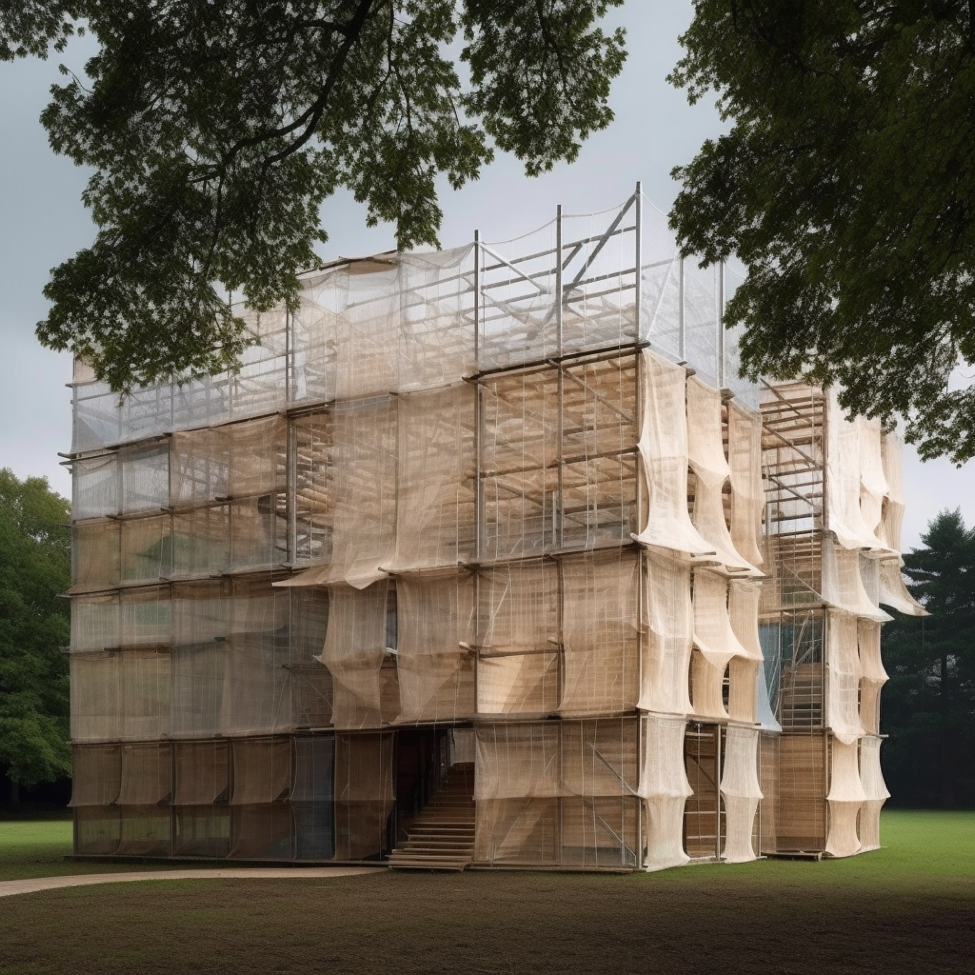 AI-generated render of a contemporary building, straight-on photo elevation