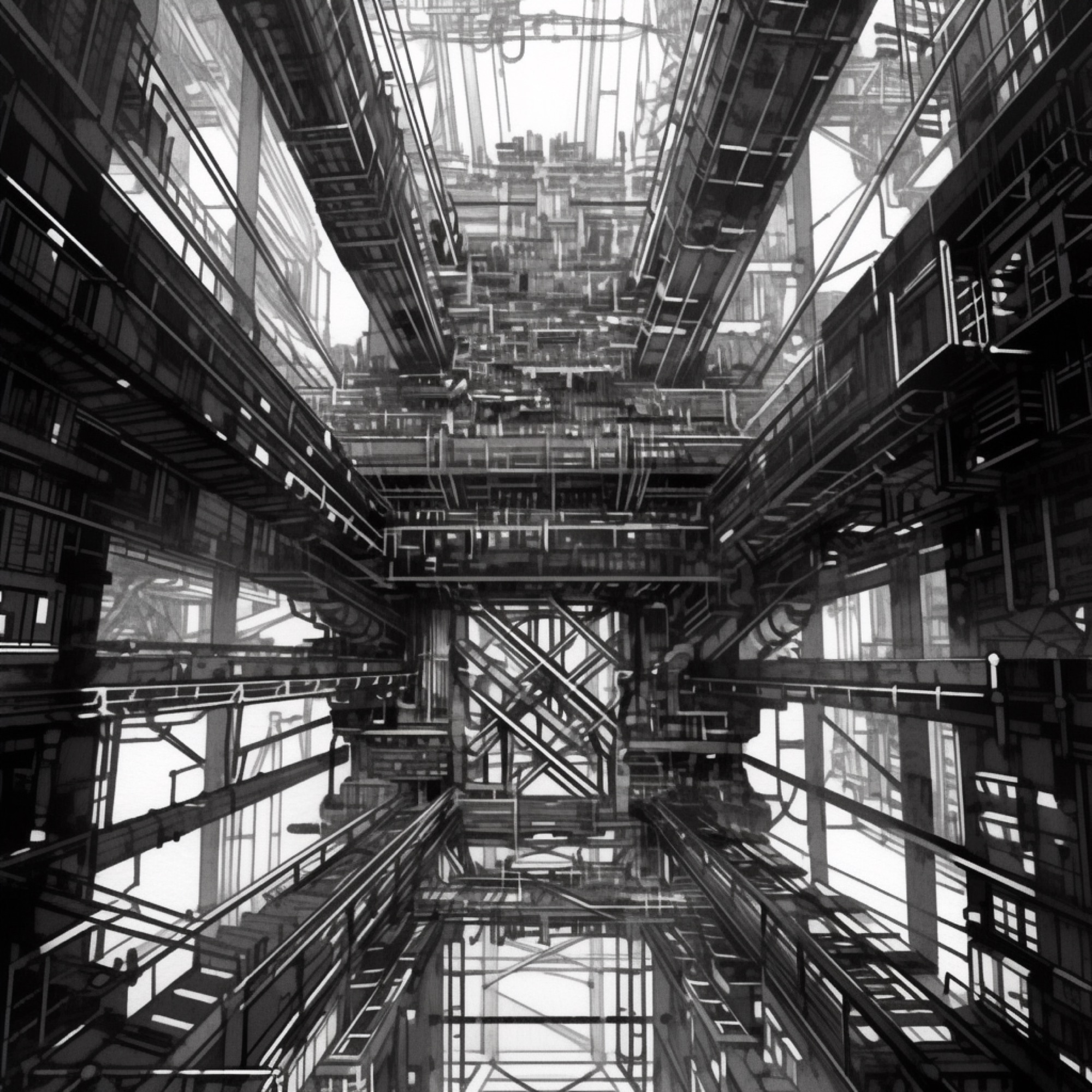 AI-generated greyscale symmetrical architectural drawing