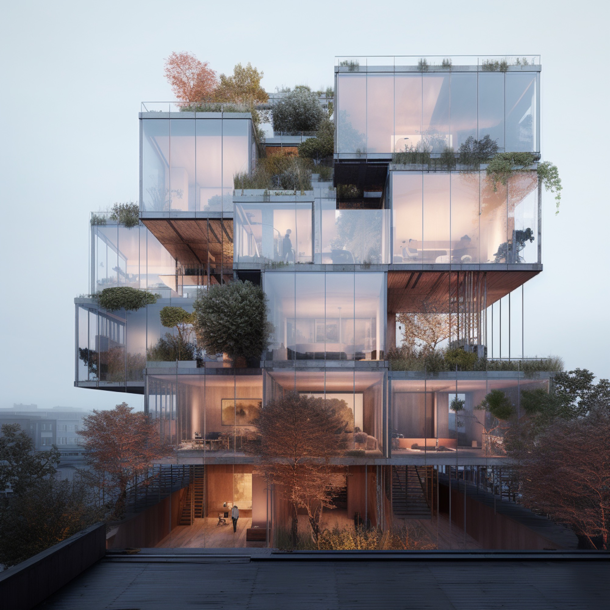 AI-generated render of a contemporary co-living building