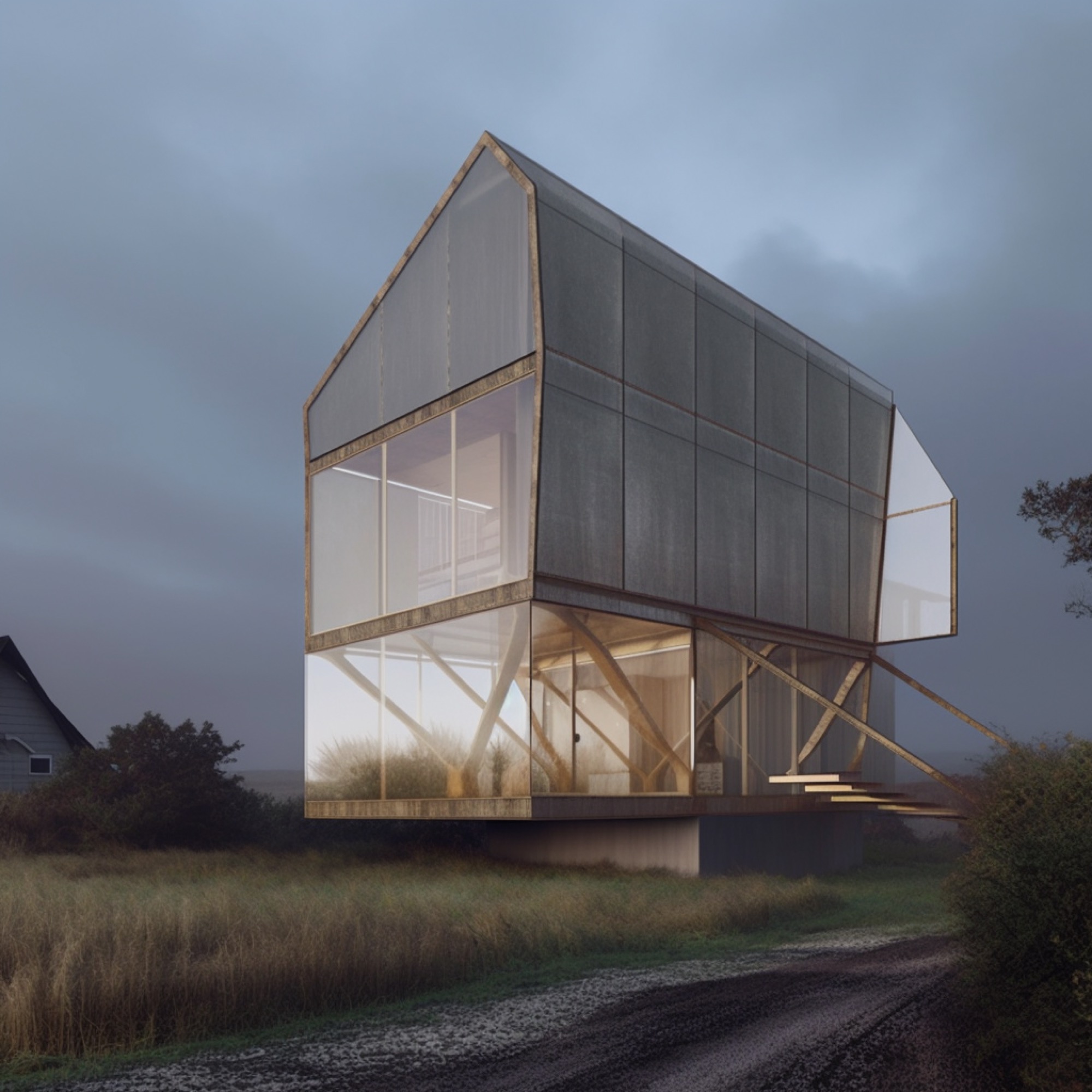 AI-generated render of a contemporary house, straight-on elevation view
