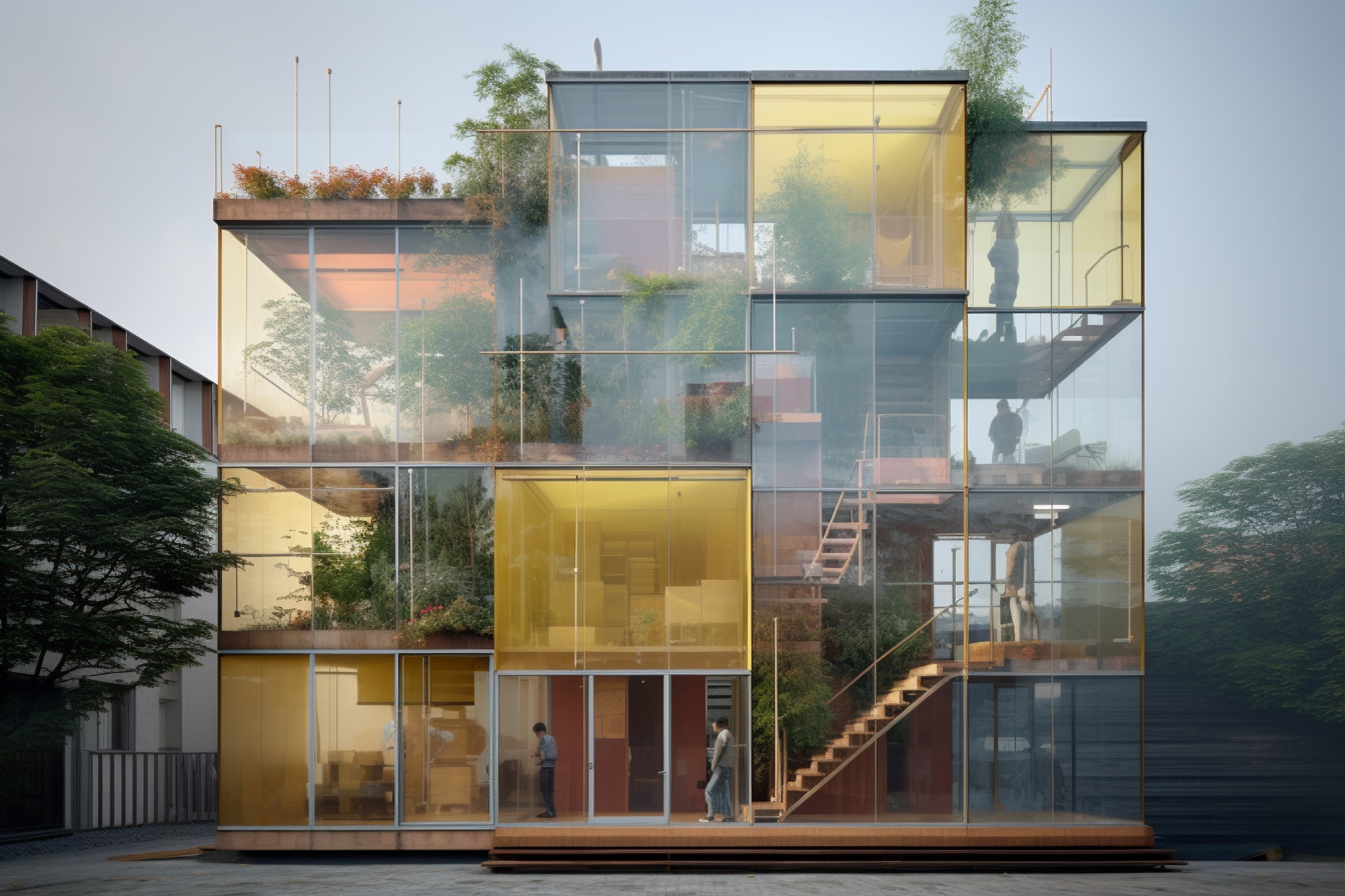 AI-generated render of a contemporary co-living building