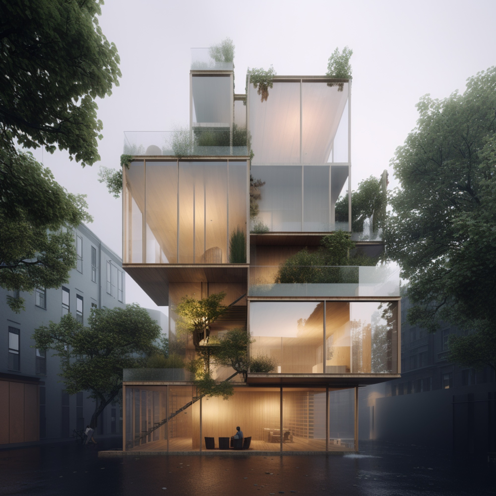 AI-generated render of a contemporary co-living building