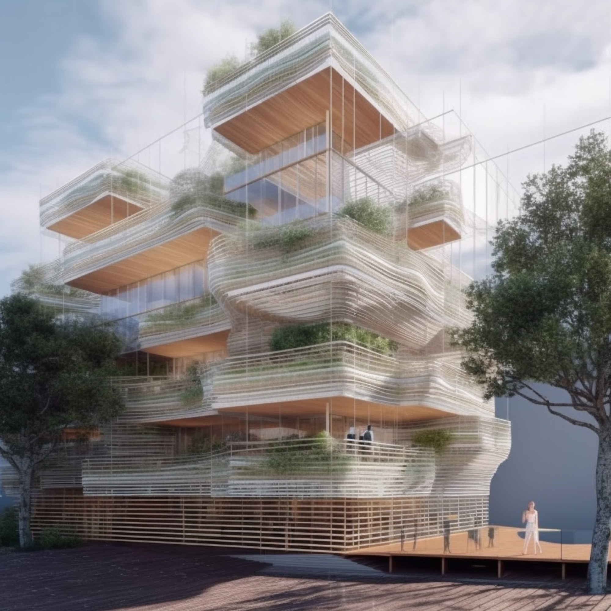 AI-generated render of a contemporary co-living building