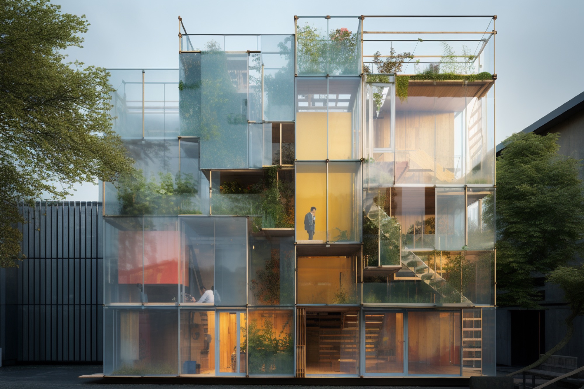 AI-generated render of a contemporary co-living building