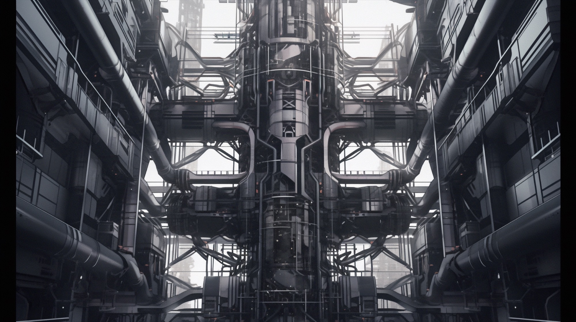 AI-generated black and white symmetrical architectural drawing
