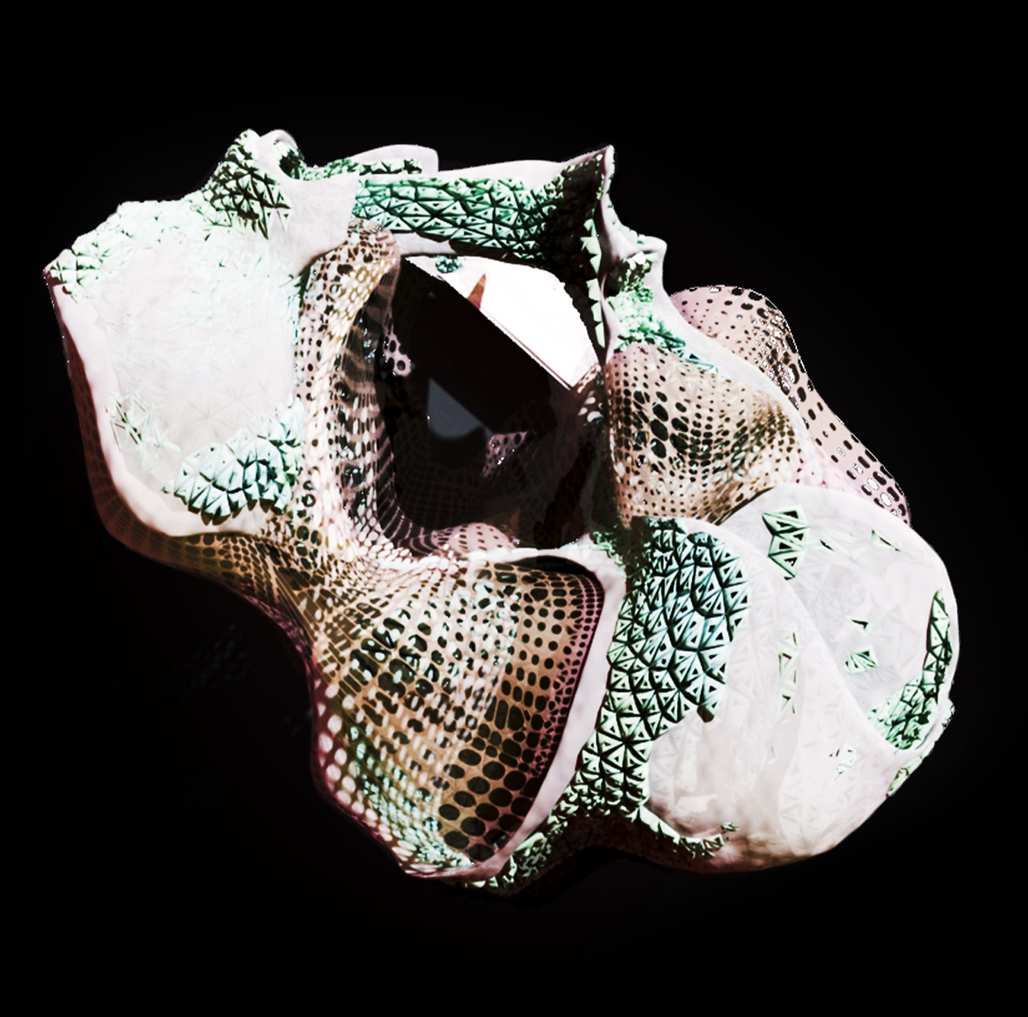 Generative computational design study, organic faceted interior with a silhouette figure for scale, motion field around the body