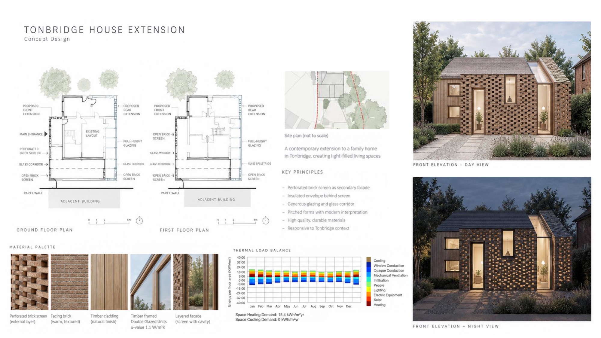 Tonbridge house extension concept design sheet: plans, site plan, material palette and elevation renders