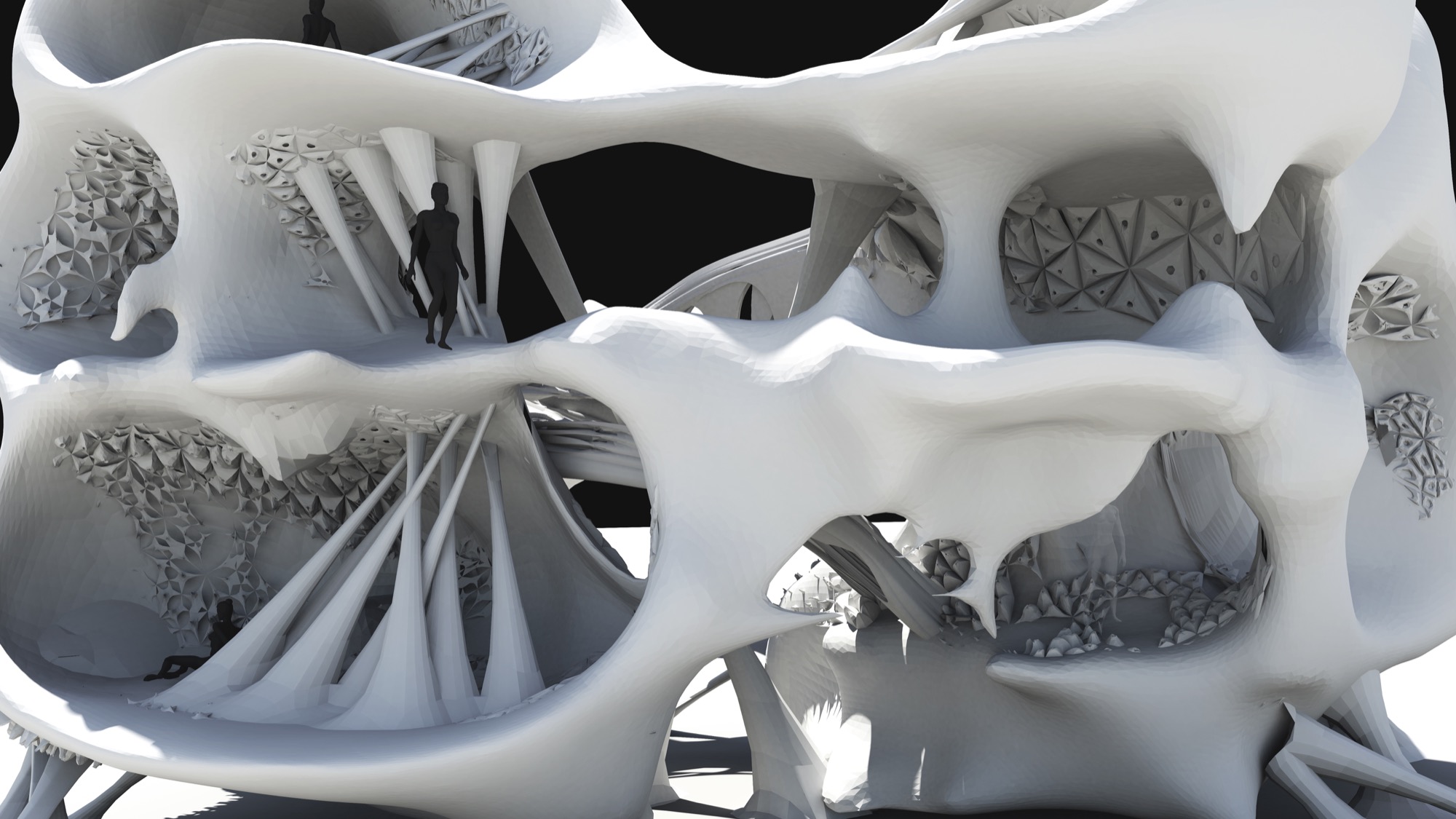 Computational render with a silhouette figure walking through an organic structure