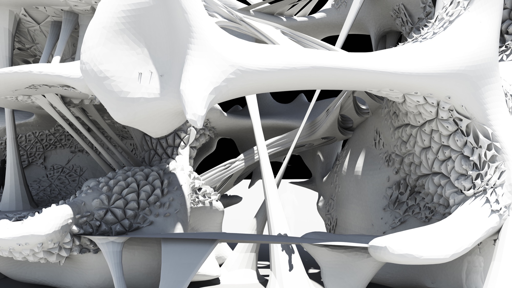 Computational render, alternate view, with silhouette figures for scale