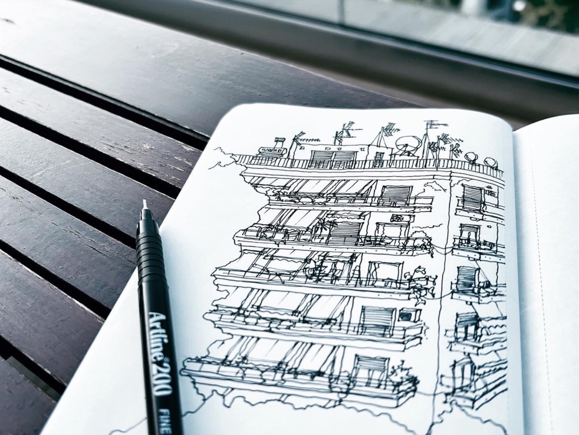 Ink sketch of a balconied apartment building, Athens