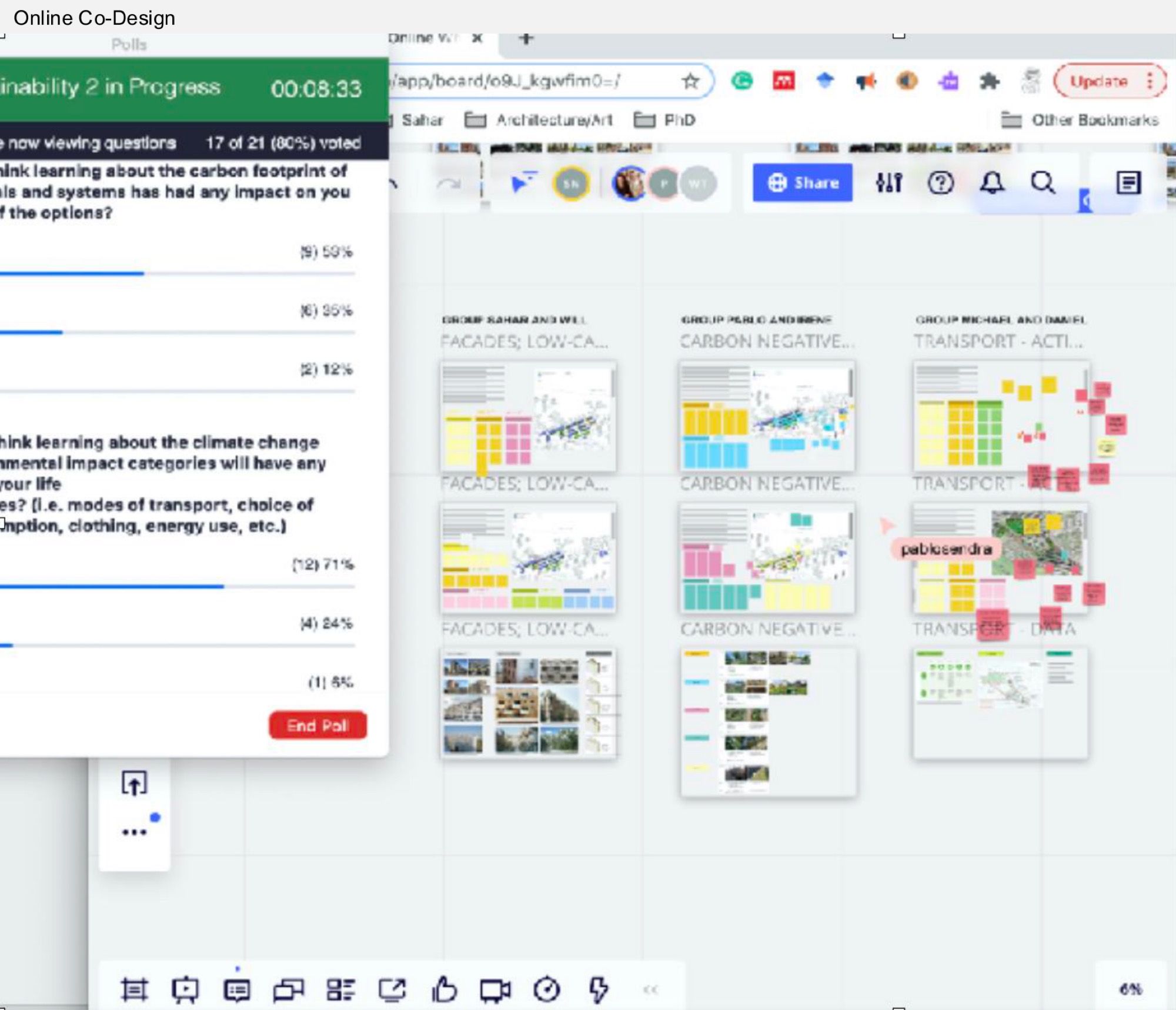 Online co-design workshop, Miro board with group activity boards and live poll results