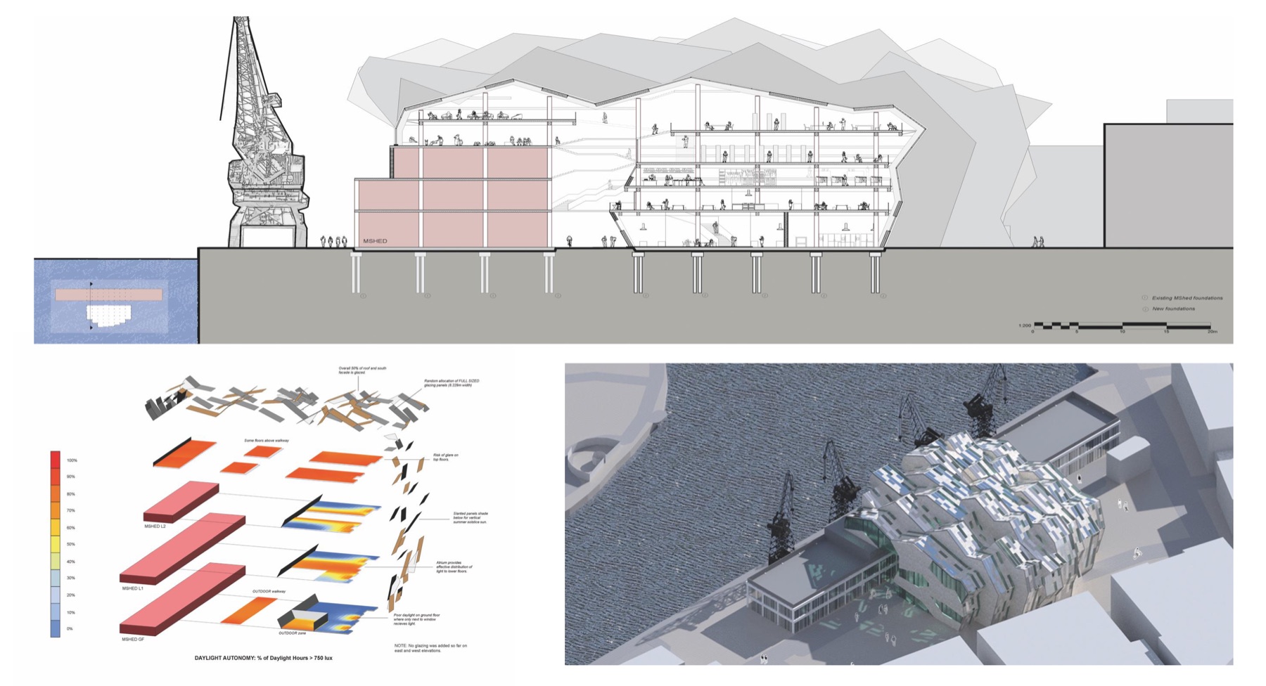 Portfolio page for the Community Centred Annex: section, daylight autonomy diagram and aerial render