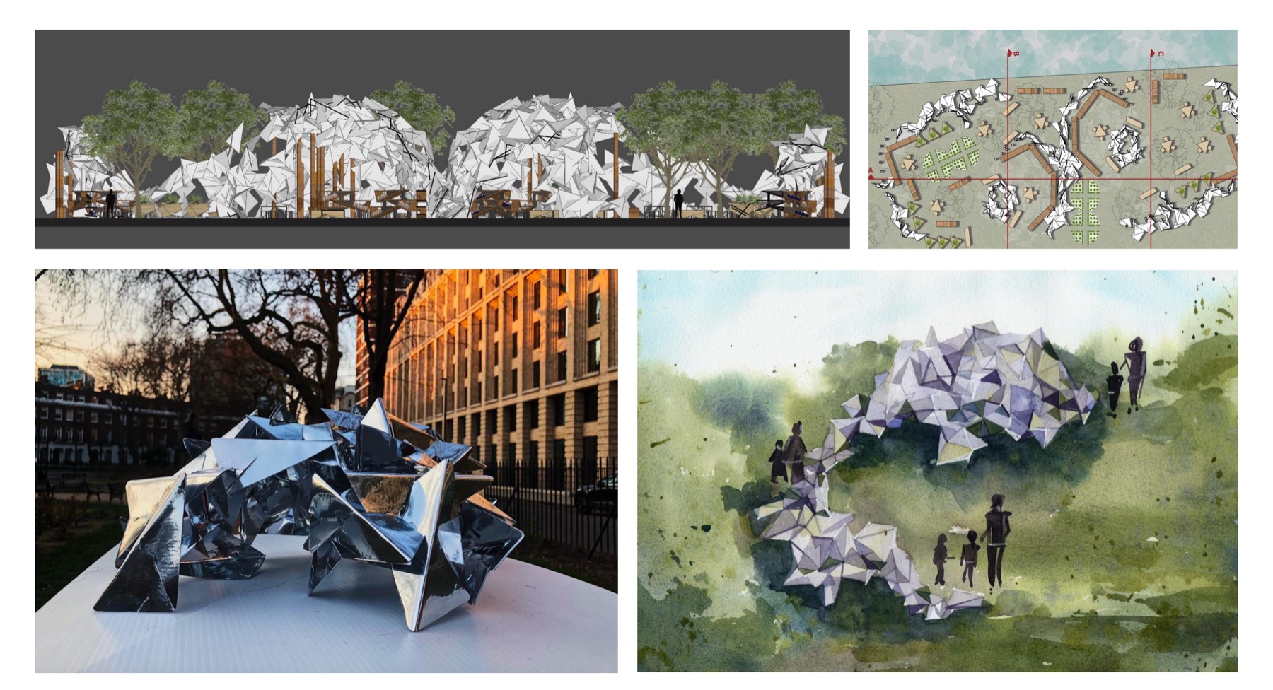 Portfolio page for a second Year 1 Community Centre scheme: elevation, site plan, physical model and watercolour render of a faceted pavilion