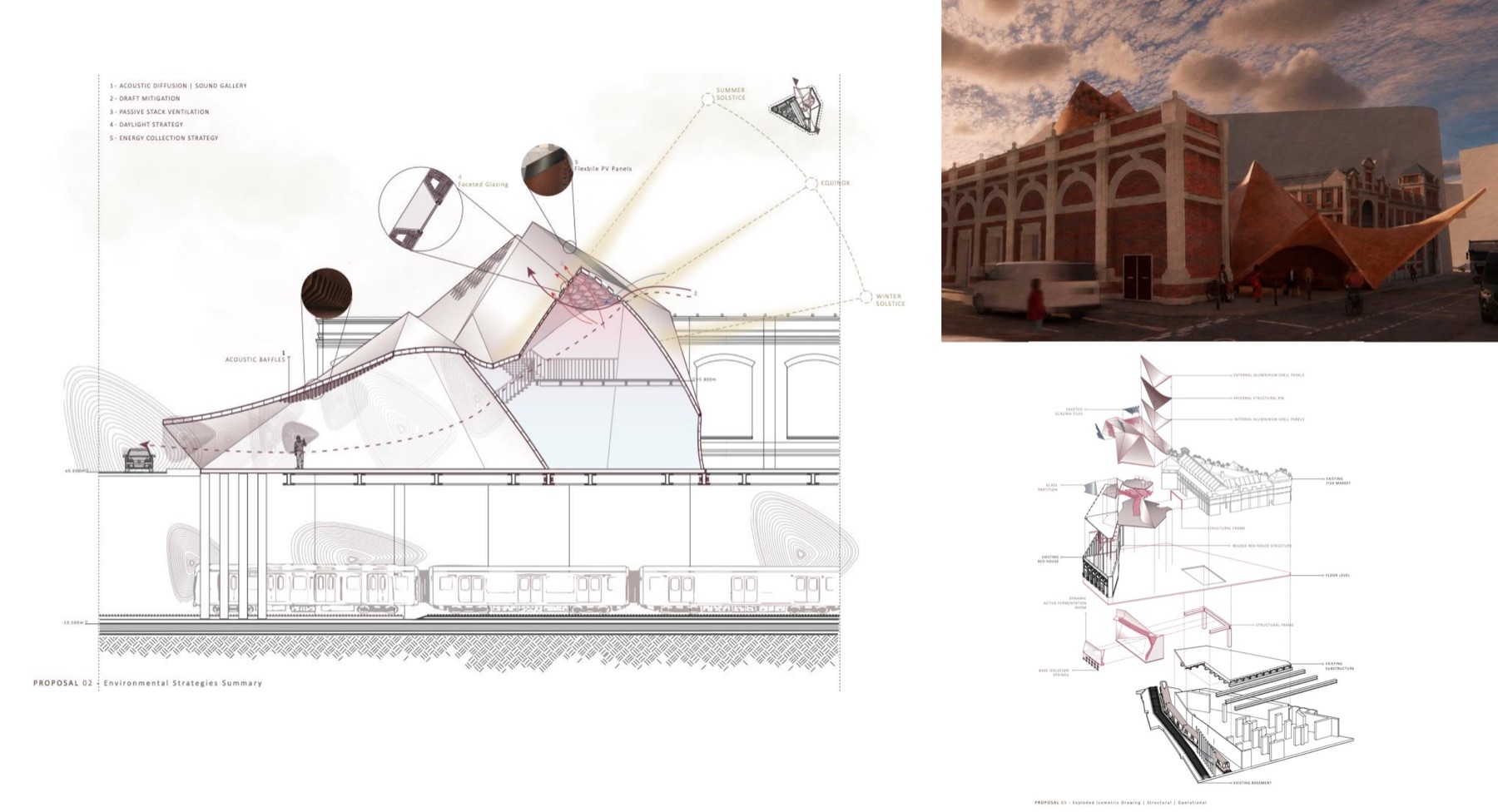 Portfolio page for the Community Centre scheme: environmental strategies summary, street render and axonometric