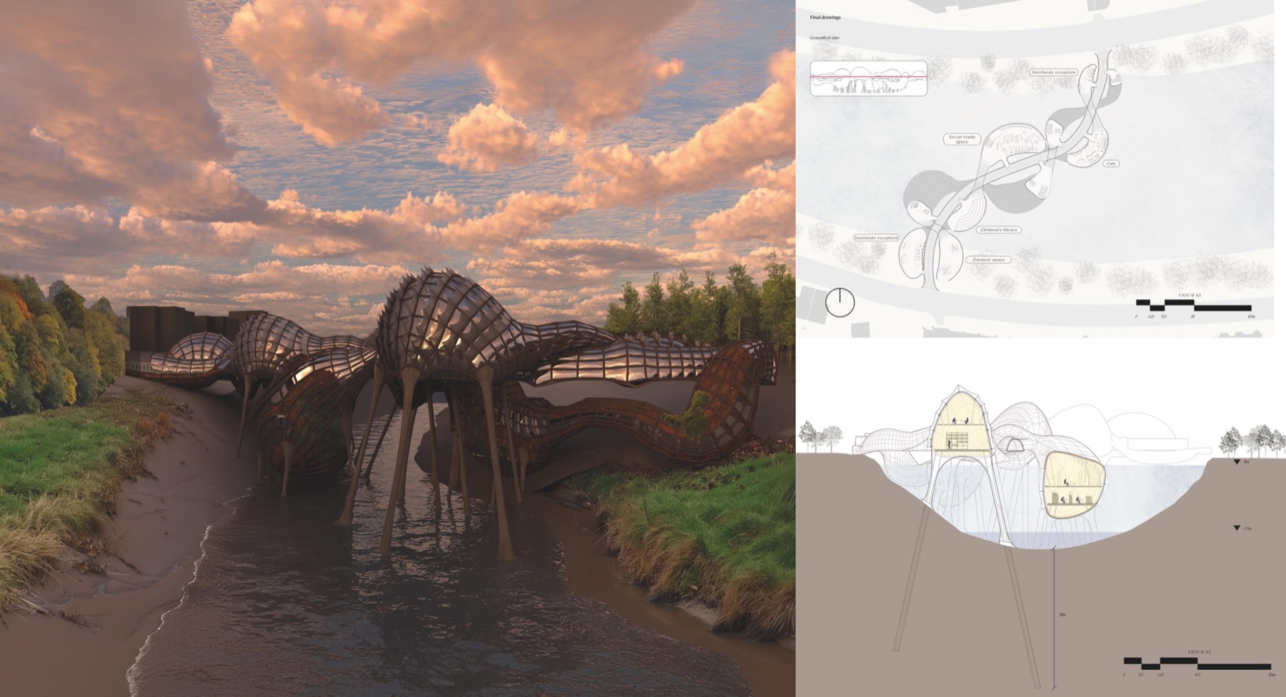 Portfolio page for A Multi-Purpose Library: rendered exterior over water, site plan and section
