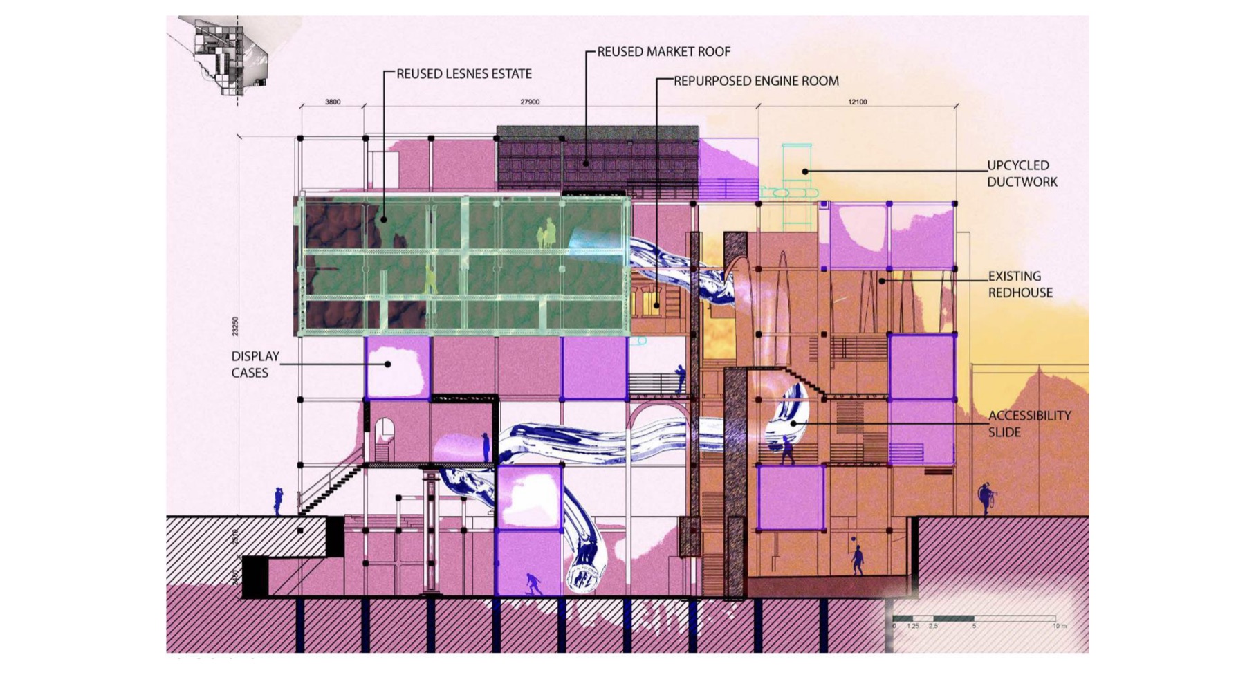 Portfolio page for Reconstructing Childhood: coloured section drawing showing reused and repurposed building elements
